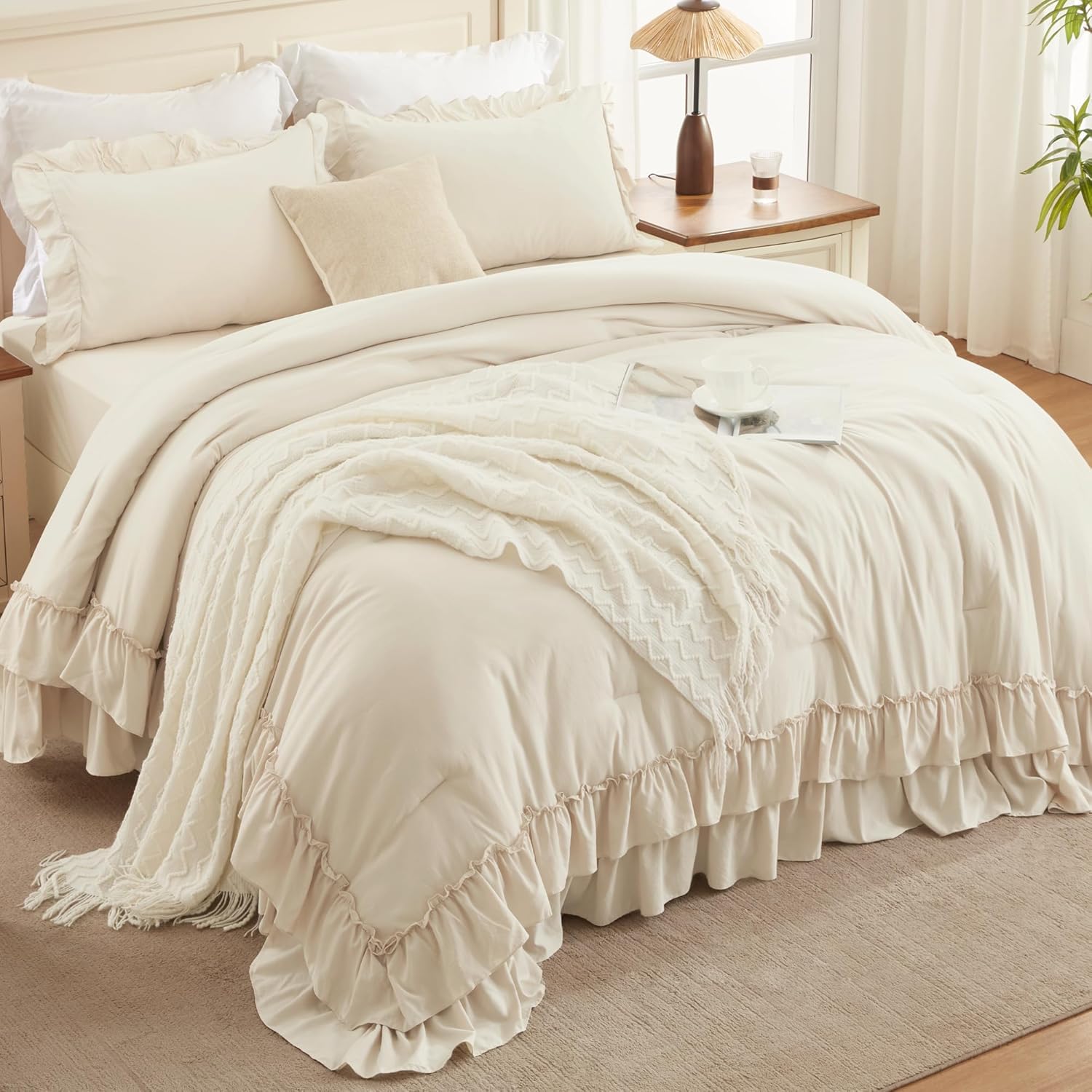 Andency Beige Full Size Comforter Set, 3 Pieces Farmhouse Shabby Chic Ruffle Comforter, Soft Lightweight Fluffy All Season Microfiber Bedding Comforter Set for Kids, Girls, Women